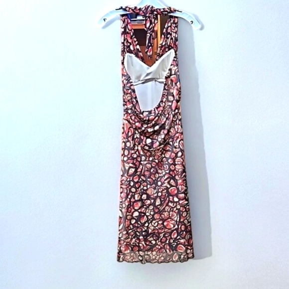 Studio Y, Sz Med, Halter, Dress,  Abstract, Red, Brown, Tan, Ruche, Hi/Lo Hem - Picture 3 of 16